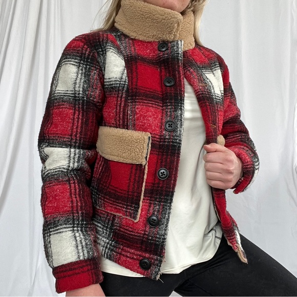 NSF Clothing Wool Plaid Red Sherpa Bomber Jacket XS - Picture 2 of 8